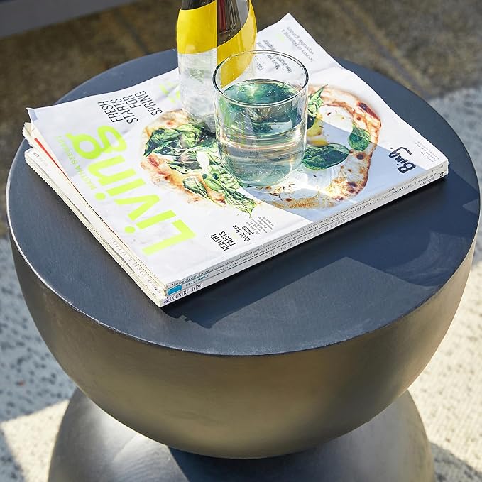 Glitzhome Outdoor Side Table, Round Accent End Table, Lightweight Hourglass Faux Terrazzo Decorative Garden Stool, 17.75" H Black Planter Stand for Patio Porch Balcony Living Room