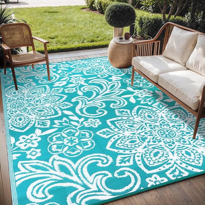 Findosom Waterproof Outdoor Rug 5' x 8' - Reversible Mandala Outdoor Plastic Straw Rug, Durable Foldable Patio Rug for RV, Deck, Balcony, Backyard, Picnic, Porch, Camping, Beach, Blue