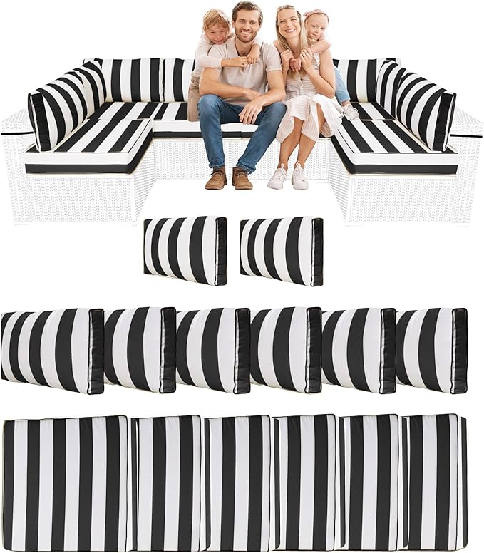 14 Piece Outdoor Sectional Cushions, Water-Resistant Outdoor Sofa Cushions Replacement, 4" High Density Foam Patio Furniture Cushions Fits 6-seat Rattan Conversation Set (Black White Stripes)