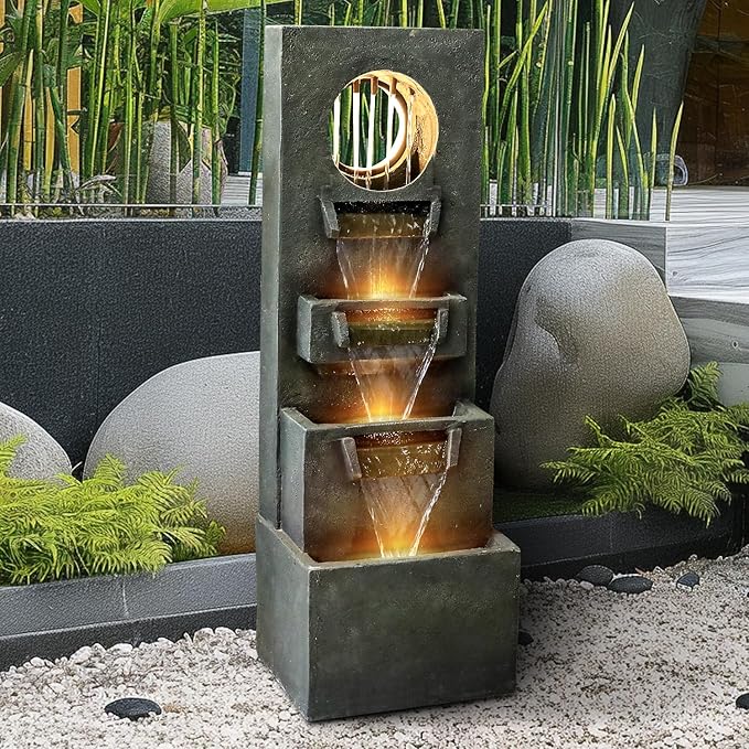 Modern Indoor Outdoor Waterfall Fountain - 39.3”Tall Relaxing Soothing Outdoor Freestanding Fountains with Lights&Pump, 4-Tier Outdoor Garden Fountain for House, Office, Garden, Patio