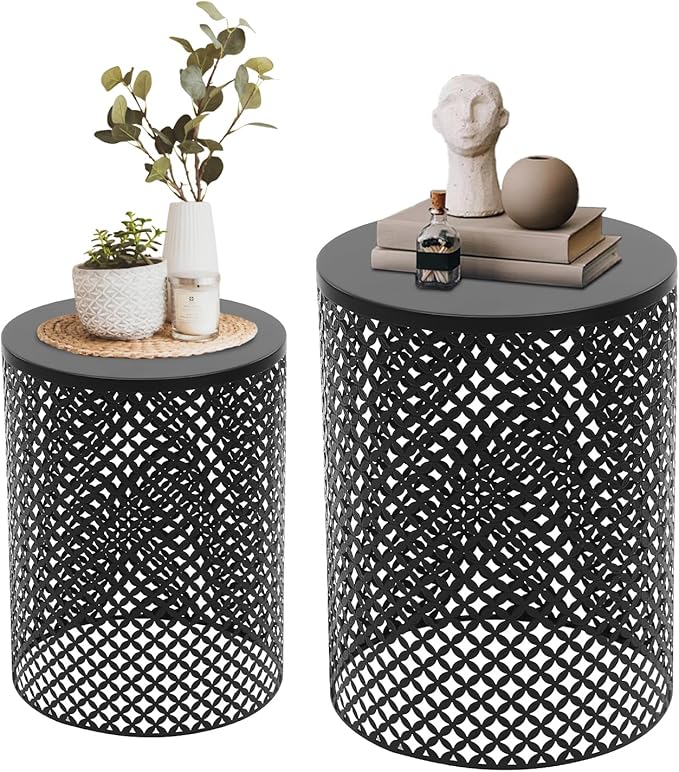 2PCS Outdoor Side Table, Heavy Duty Metal Frame Side Table Decorative Garden Stool Modern End Table Round Coffee Table for Patio Gardens Balconies Cafes (Black)