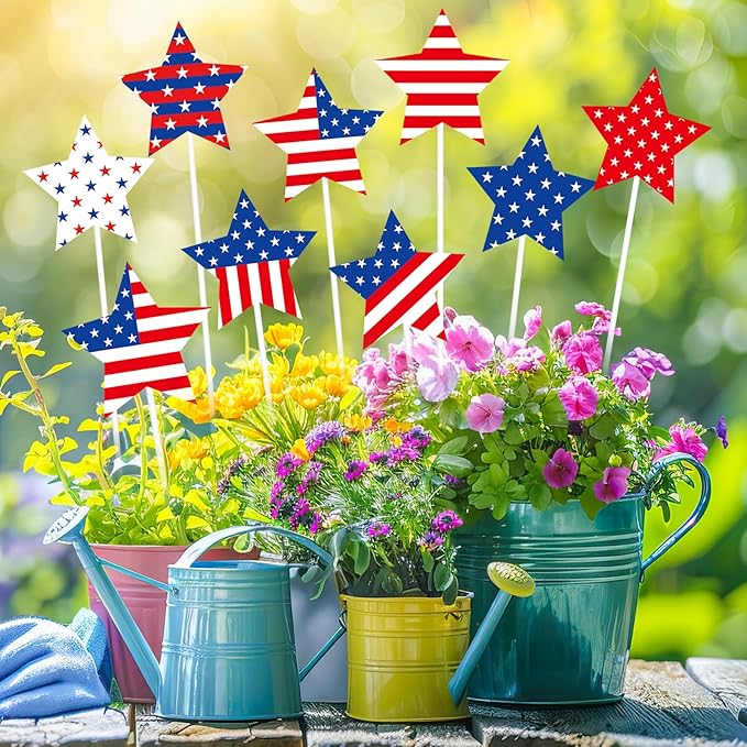 JarThenaAMCS 9Pcs Patriotic Star Metal Planter Stakes 4th of July Decorative Garden Stakes Star and Stripes Yard Sign for Planter Pot Walkway Lawn Independence Decor