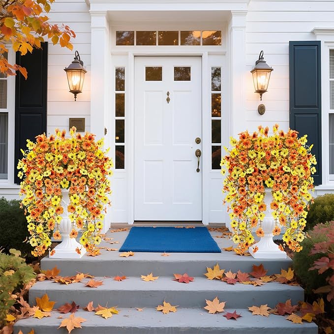 4 Pcs Outdoor Fall Decor, Artificial Mums For Outdoors, Fall Flowers Artificial For Decoration, Fake Mums Faux Mums For Outside Half Sphere, Fake Hanging Plants Plastic Flowers For Outdoors Home Porch