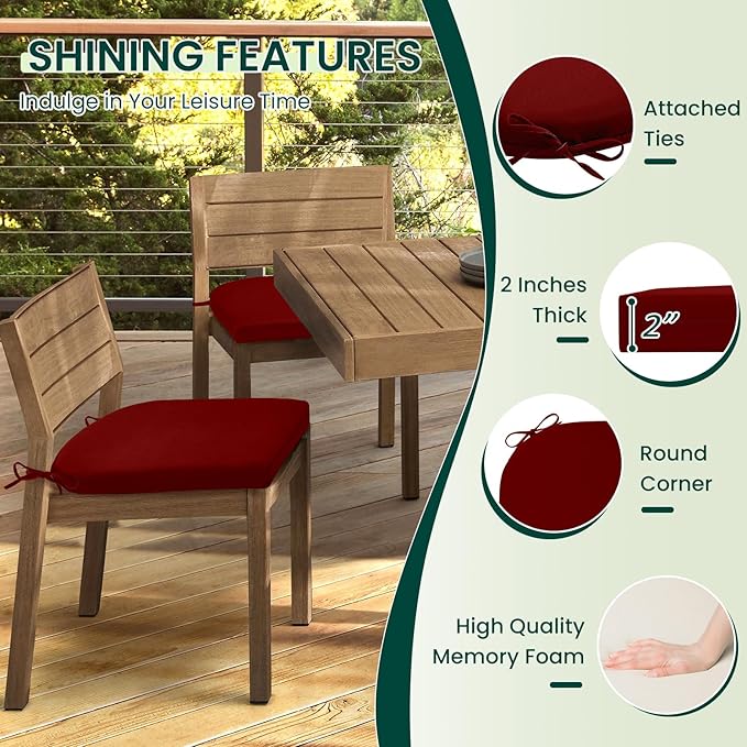 HARBOREST Outdoor Chair Cushions Set of 2, Water Resistant Patio Chair Cushions with Ties, Outdoor Seat Cushions for Patio Furniture, 17"x16"x2", Burgundy