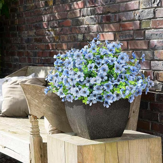 Artificial Flowers Outdoor Faux Plants UV Resistant Fake Patio Flowers Plastic Greenery Plnats Outside Bulk for Spring Garden Hanging Planter Home Vase Decor, 24 Bundles (Blue)