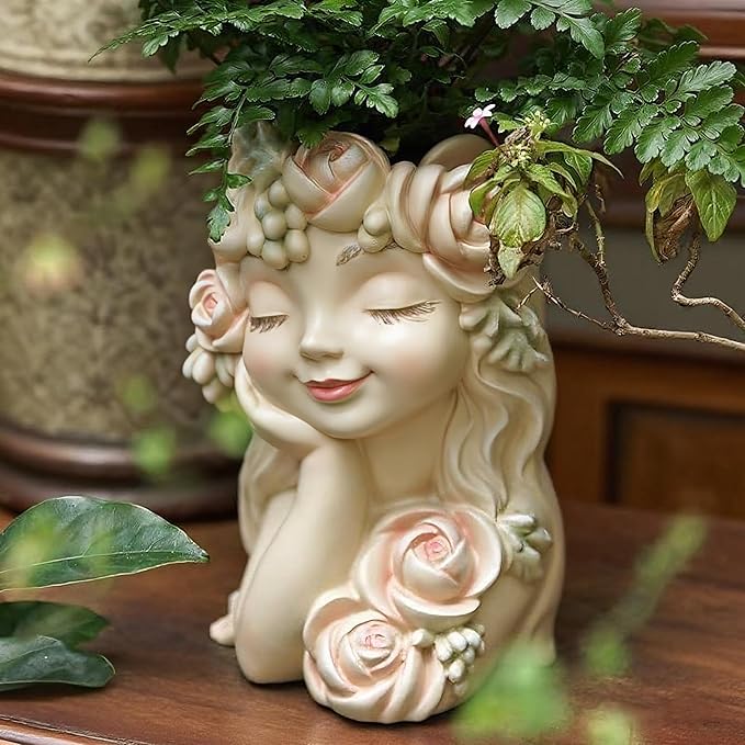 Teaeeno Decorative Garden Fairy Head Planter, Resin Flower Pot Sculpture, Pearl White with Rose Details