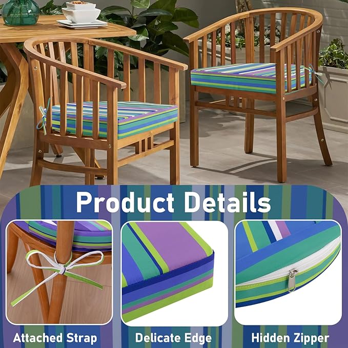 Topotdor Outdoor Chair Cushions Set of 2, Waterproof Patio Chair Cushions for Outdoor Furniture, Round Corner Seat Chair Pads with Ties for Patio Garden Dining Office, 18"x18"x2", Blue Stripe