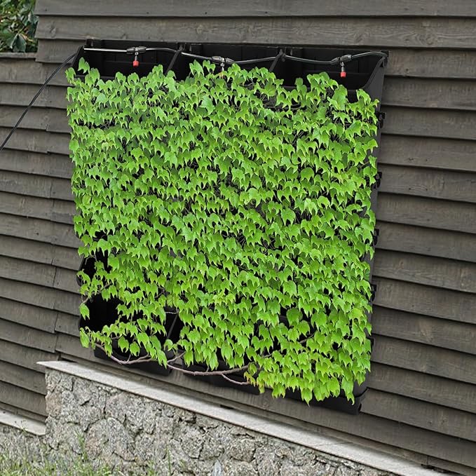 Self-Watering Wall-Mounted Planter, 18 Pots Wall Mounted Plastic Plant Grow Pot Vertical Garden Planter with Intelligent Control & Adjustable Irrigation System for Indoor Outdoor (Black, 18 Pots)