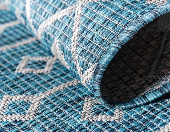 Unique Loom Outdoor Trellis Collection Area Rug - Tribal Trellis (9' x 12' Rectangle, Teal/ Ivory)