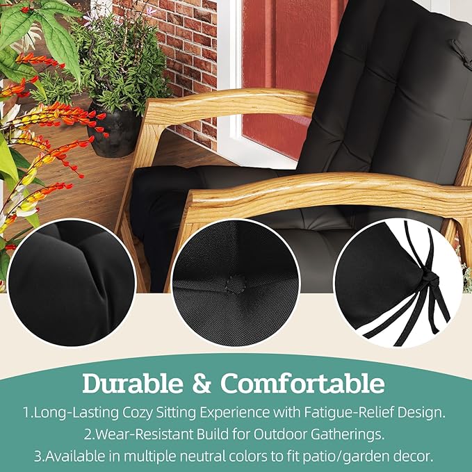 Outdoor Chair Cushions Set of 2, 42x21x4 Inch Patio Cushion for Dining/Rocking Chairs, High Back Soft Seat Pad with Ties, Indoor Outside Use, Fade-Resistant & Waterproof, Black