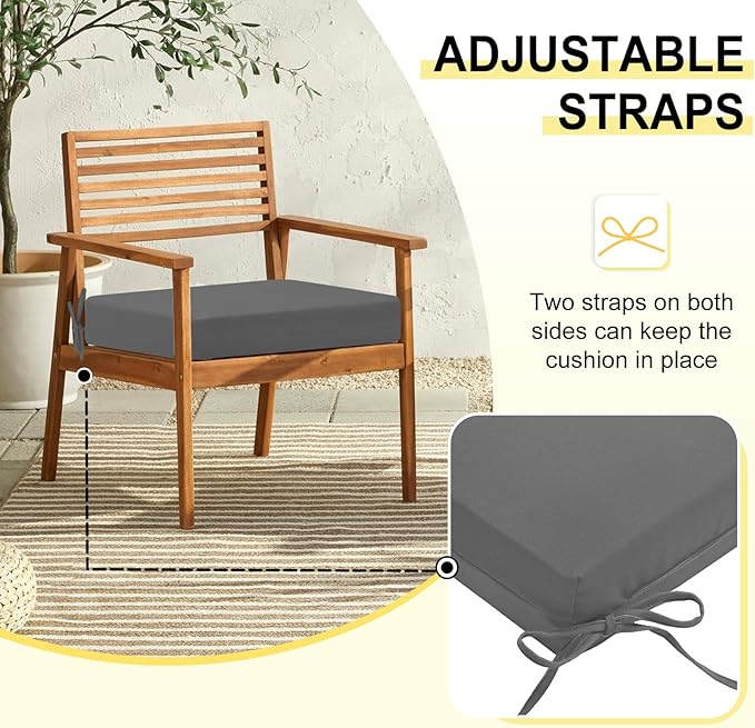 downluxe Outdoor Chair Cushions Set of 2 for Patio Furniture, Water-Resistant Square Corner Patio Chair Cushions with Ties, High Density Foam Outdoor Seat Cushion, 18.5" X 16" X 3", Dark Grey