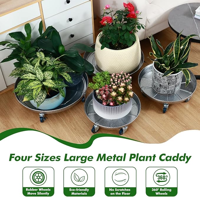 Planterhoma 3 Packs 18 Inch Metal Plant Caddy with Wheels Extra-Large Rolling Plant Stand Heavy-Duty Iron Plant Dolly Casters for Indoor Outdoor Flower Pot Mover Roller Coasters, Silver-Black