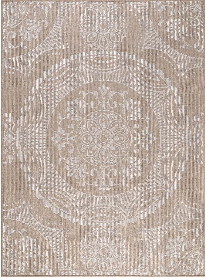 Medallion Outdoor Rug 10x14 Washable Outside Carpet for Indoor Patio Porch Waterproof Easy Cleaning Non Shedding Area Rugs Beige 10 x 14