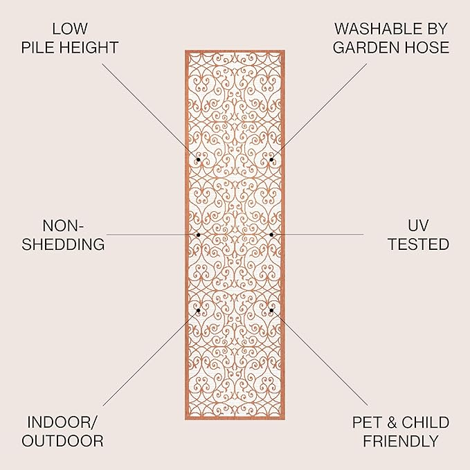 JONATHAN Y Vintage Filigree Indoor Outdoor Runner Rug 2X10 Cream/Orange, Madrid Textured Weave for Backyard, Patio, Porch, Easy-Cleaning, High Traffic, Pet-Friendly, Non-Shedding (SMB107L-210)