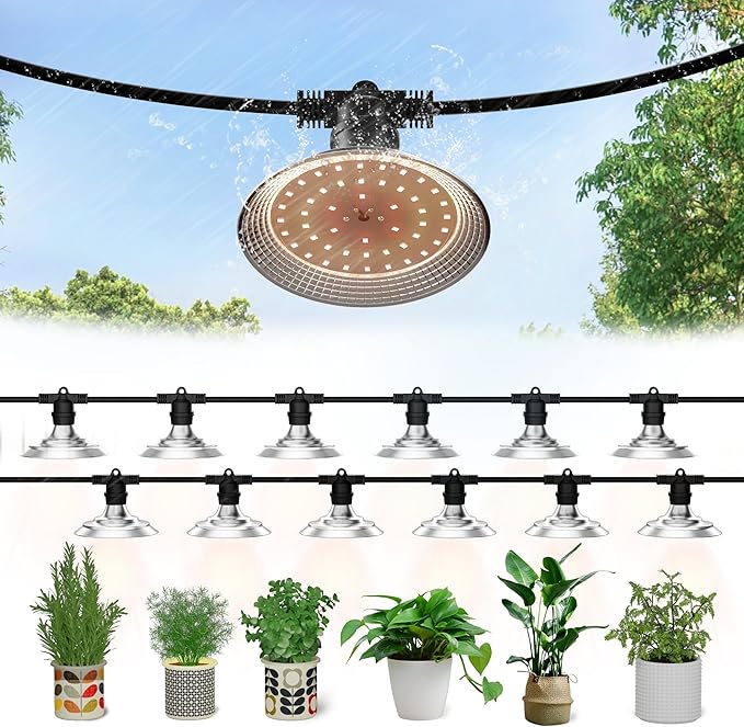 Outdoor LED Grow Light, Waterproof String Plant Growing Light, 41 FT Full Spectrum Growth Light, Suitable for Garden, Farm, Flower, Seedling Greenhouse Grow Light (12 Light)