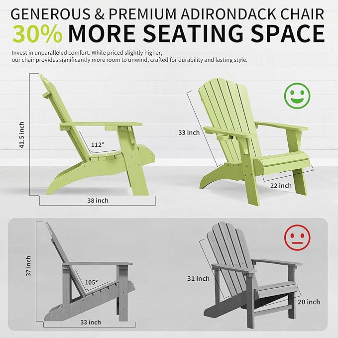Psilvam Adirondack Chair, Oversized Poly Lumber Fire Pit Chair with Cup Holder, 350Lbs Support Patio Chairs for Garden, Weather Resistant Adirondack Chair Looks Like Real Wood (4, Green)