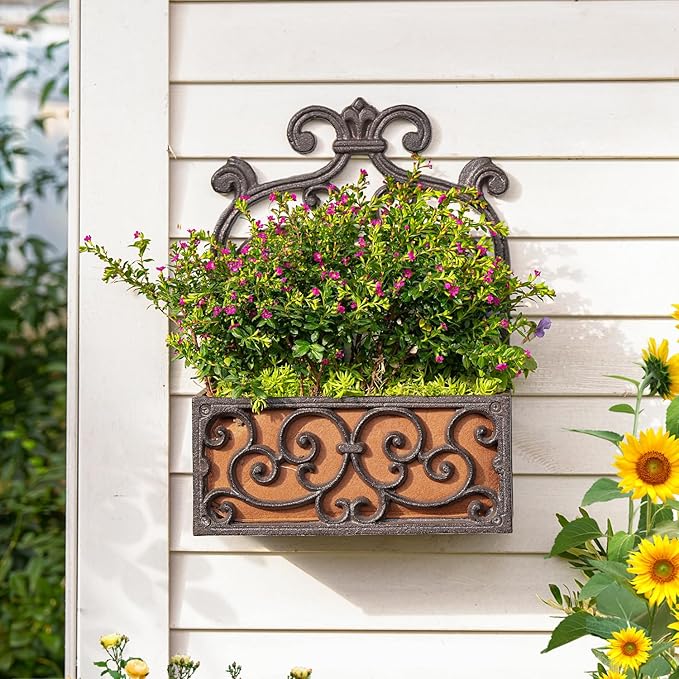 Sungmor Vintage Cast Iron Wall-Mounted Planter Basket with Fabric Liner,Rustic Scrollwork Hanging Flower Holder,Decorative Wall Shelf for Plants,Outdoor Hanging Basket Flower Pot