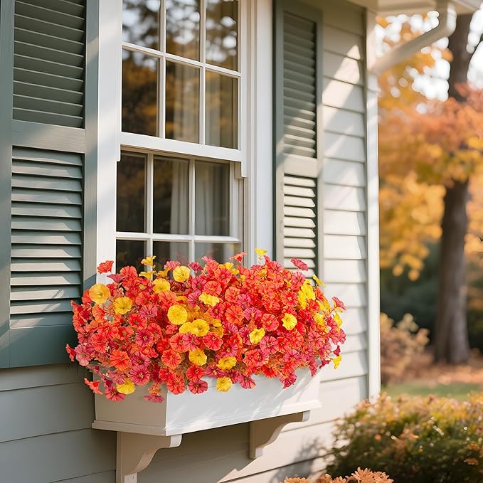 Fake Fall Flowers Artificial for Decoration, 12 Bundles Faux Plants Silk Orange Flowers Morning Glory Petunias Realistic UV Resistant for Outdoors Planter Porch Patio Window Box, Orange Yellow