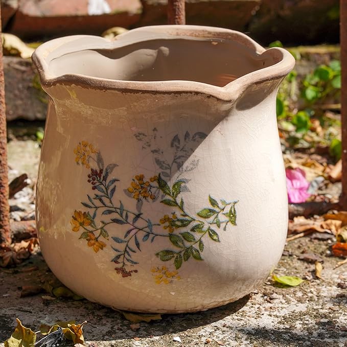 Rustic Ceramic Planter, 6 Inch Tuscan Vintage Flower Pot with Drainage, Farmhouse Garden Pot for Indoor Plants, Kitchen & Garden Tuscan Decor, Plant Lover Gift (Yellow)