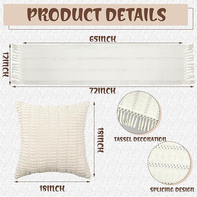 Extra Large Outdoor Boho Picnic Blanket 91'' x 71'' White Table Runner 6 Throw Pillow Cover Woven Cotton Yarn Oversize Beach Blanket Washable for Picnic Camp Wedding