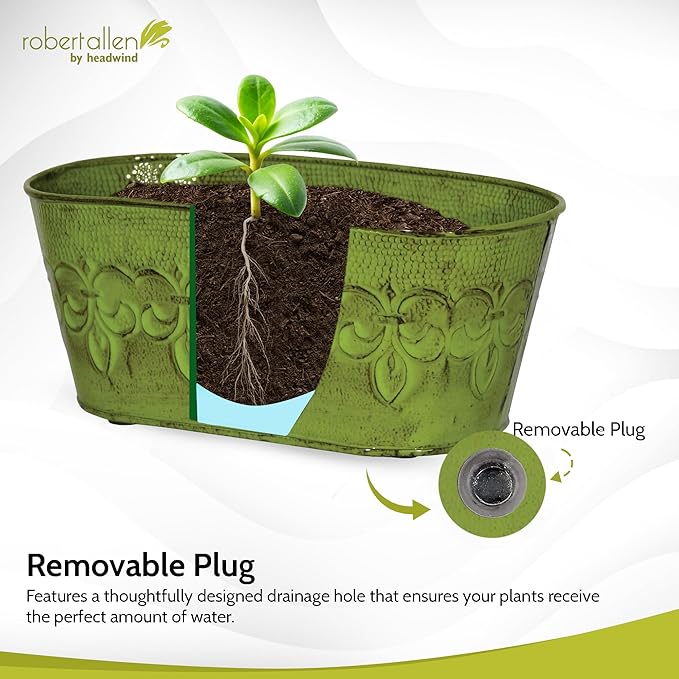 Headwind Ironlite Fleur De Lis Collection – 10" Tansy Green Oval Decorative Planter with Drain Plug – Lightweight Metal Garden Pots for Indoor & Outdoor Planters Use by Robert Allen