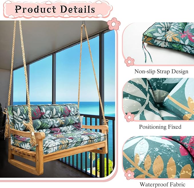 2-3 Seat Swing Replacement Cushion, Outdoor Bench Cushions with Backrest Thicken 4", Patio Furniture Garden Porch Loveseat Glider Pad Anti-Fading Waterproof (Green Flower, 40x55in)