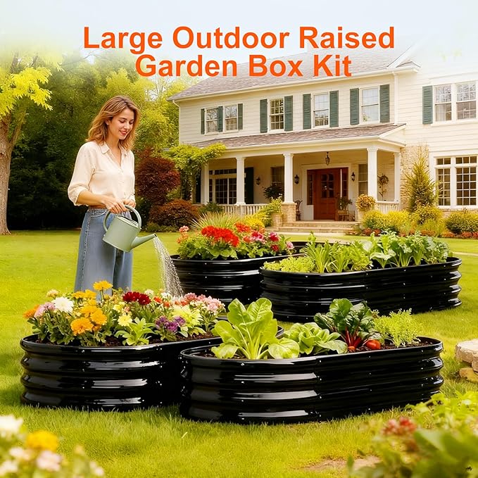 Raised Garden Bed Outdoor 2 Sets Oval Large Coating Metal Planter Box with No Heavy Metal for Vegetables, Flowers, Herbs