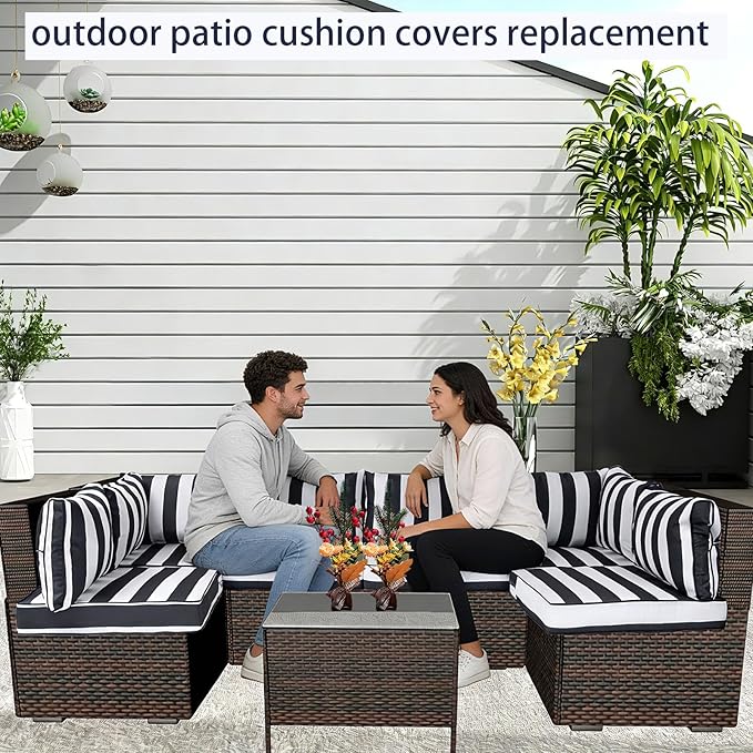Outdoor Cushion Covers for Patio Furniture, Patio Cushion Covers Replacement with Zipper, Waterproof & Fade Resistant,Only Cover (Black and White Stripes, 25.6Lx25.6Wx4H - Only Covers)