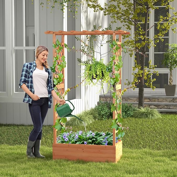 HAPPYGRILL 72" Raised Garden Bed with Trellis, 2 Pack Freestanding Wood Planter Box w/Hanging Roof & 2 Drainage Holes for Vine Climbing Plants Flowers, Outdoor Planter w/Trellis for Garden Patio