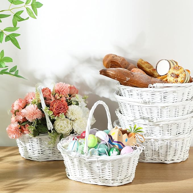 Barydat 6 Pcs Small Wicker Picnic Basket with Handle Flower Girl Baskets Oval Willow Woven Braided Gift Basket for Easter Weddings Baby Shower Home Garden Decor (White,12'' x 9'' x 5'')