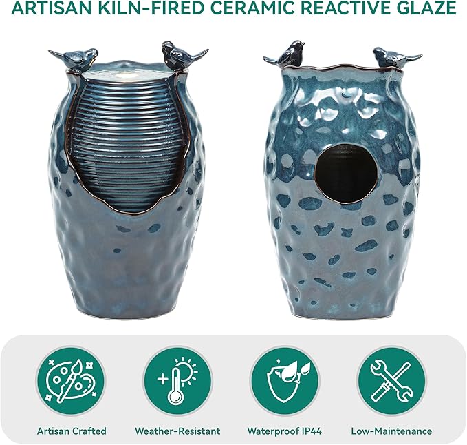 24.8" Ceramic Jar Outdoor Fountain, Honeycomb Pot Water Feature with LED Lights, Soothing Trickling Waterfall for Garden, Patio, Yard, Balcony or Porch Oasis, Turquoise Glaze, KD Vivid Birds