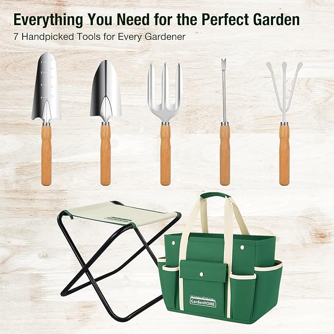 GardenHOME 7-Piece Green Gardening Tool Set – Stainless Steel Tools with Wooden Handles, Folding Stool & Canvas Tote, Durable Garden Kit for Women and Beginners