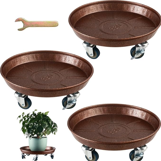3 Packs Metal Plant Caddy with Wheels 13" Rolling Plant Stand Heavy Duty Plant Dolly with Casters for Indoor and Outdoor Large Planter Casters Potted Plant Mover,Copper