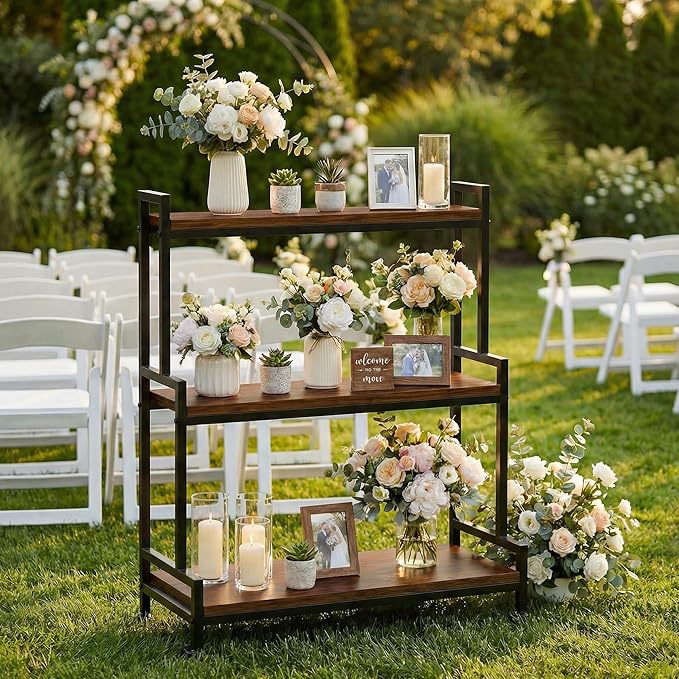 Flower Cart Display Stand with Wheels - Solid Wooden Plant Stand Shelf Outdoor - 3 Tier Patio Rolling Flower Stand - Ladder Folwer Holder Stand 37''x31'' for Florist, Garden, Wedding, Living Room, Walnut
