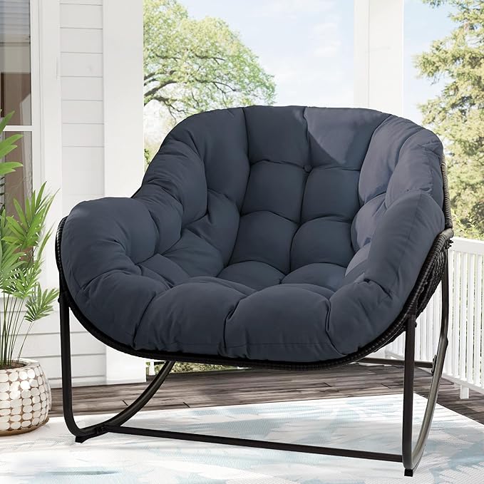 Papasan Rocking Chair, Oversized Papasan Chair with Cushion and Frame for Indoor& Outdoor, Deep Seat Egg-Shaped Rocker Chair for Garden, Deck, Living Room, Blue
