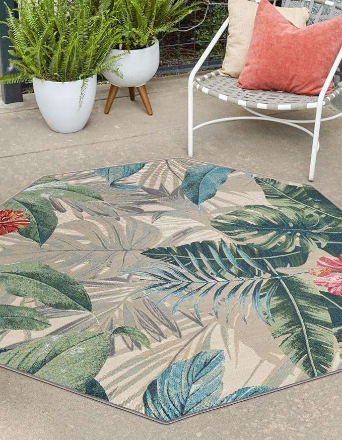 Unique Loom Outdoor Botanical Collection Area Rug - Kula (7' 1" Octagon Multi/Gray)