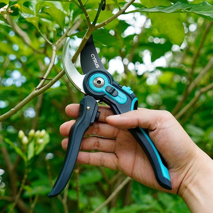 CYRUS Adjustable labor-saving Pruning Shears, Garden Shears with Non-Stick Carbon Steel Blade, 0.866 Inch Cutting Diameter, Safety Lock & Anti-Slip TPR Handle for Gardening, Flower Trimming