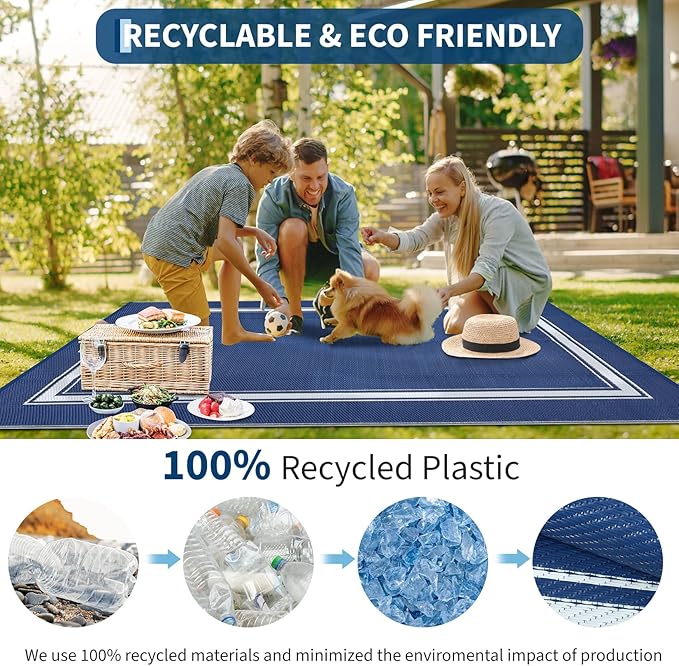 COZYLOOM Outdoor Plastic Straw Rug 8x10 Outdoor Patio Rug Waterproof Reversible UV Resistant Camping Mat, Foldable Lightweight RV Picnic Mat with Portable Bag, Modern Border Carpet for Yard Porch Deck