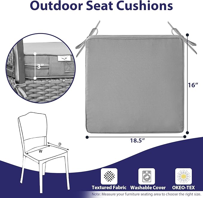Outdoor Chair Cushions Set of 4 -Waterproof Outdoor Seat Cushions for Patio Furniture, Patio Chair Cushion with Handle and Ties, Square Out Door Chair Pads,18.5" x 16" x 3", Grey