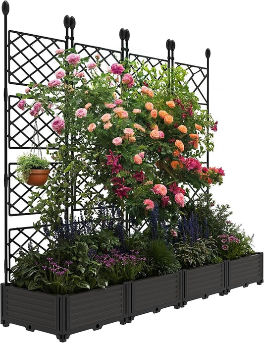 4 PCS Raised Garden Bed with Trellis & Privacy Screen, 66" w x 63" Tall Vertical Garden Planter Box for Climbing Plants - Sturdy Lightweight Outdoor Planter for Vegetables, Flowers on Patio, Balcony