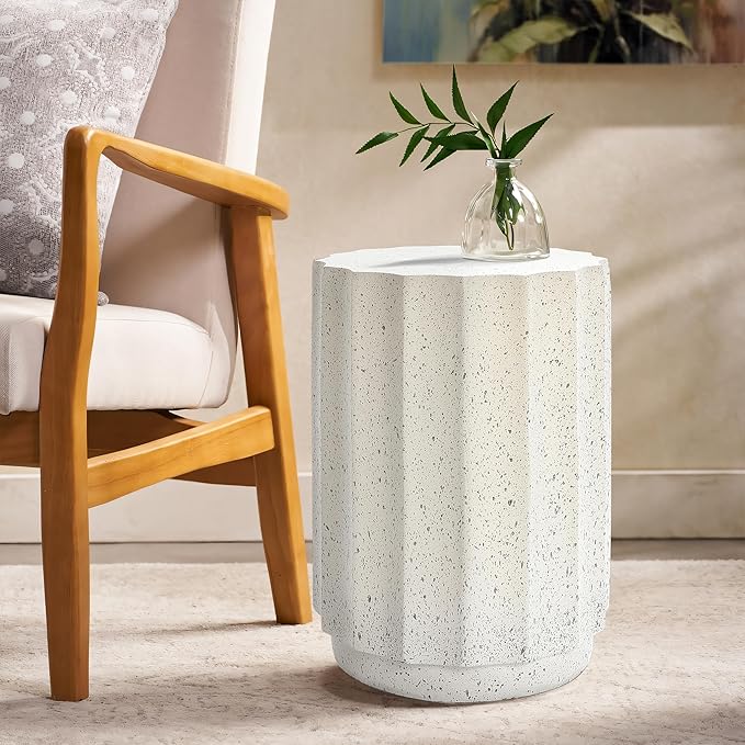 LuxenHome Cream with Gray Cement Fluted Round Indoor Outdoor Side and End Table, Set of 2