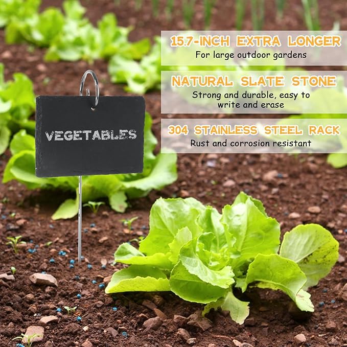 15PCS Slate Plant Markers with Stakes and Stone Chalks Garden Markers Signs Labels Hanging Slate Planter Tags for Flower Bed, Pots, Planters