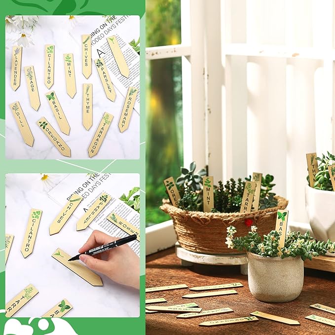 Teling 50 Pcs Wooden Plant Labels with Marker Pen DIY Garden Stakes Sign Sturdy Vegetable Plant Markers Wood Herb Garden Labels for Seed Potted Flowers Outdoor Indoor Kitchen Planter(Classic Style)