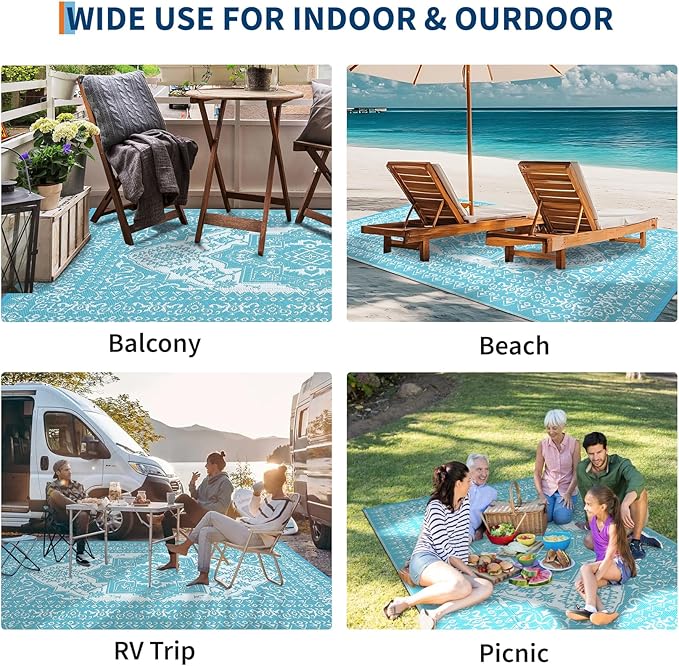 COZYLOOM Outdoor Rug 9x18 Waterproof Reversible Plastic Straw Mat, Large Patio Rug Vintage Medallion Area Rug Indoor Outdoor Rugs for Deck, Balcony, Camping, Beach, Picnic, Porch