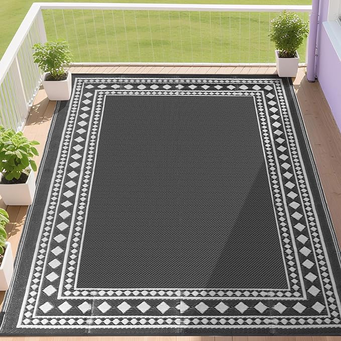 RURALITY Outdoor Rugs 5x8 Waterproof for Patios Clearance,Plastic Straw Mats for Backyard,Porch,Deck,Balcony,Grey and White