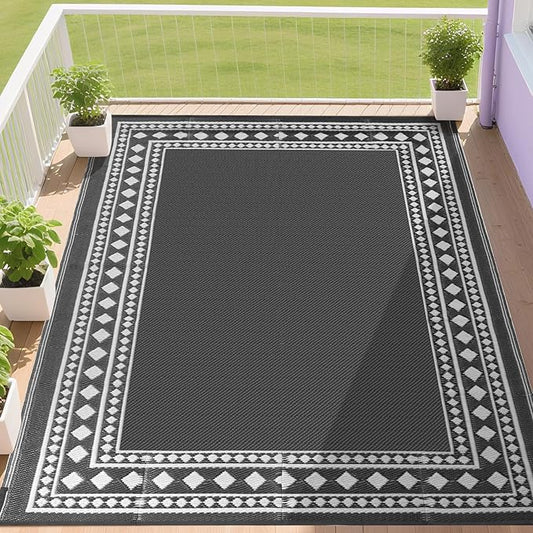 RURALITY Outdoor Rugs 5x8 Waterproof for Patios Clearance,Plastic Straw Mats for Backyard,Porch,Deck,Balcony,Grey and White
