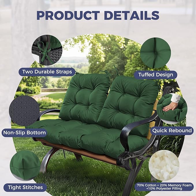 Wicker Chair Cushions of 3 Pieces, Waterproof Cushions for Patio Furniture, Tufted Wicker Outdoor Furniture Cushions, 1 Patio Loveseat Cushion and 2 U-Shaped Cushions, 44"x19"x5", Dark Green
