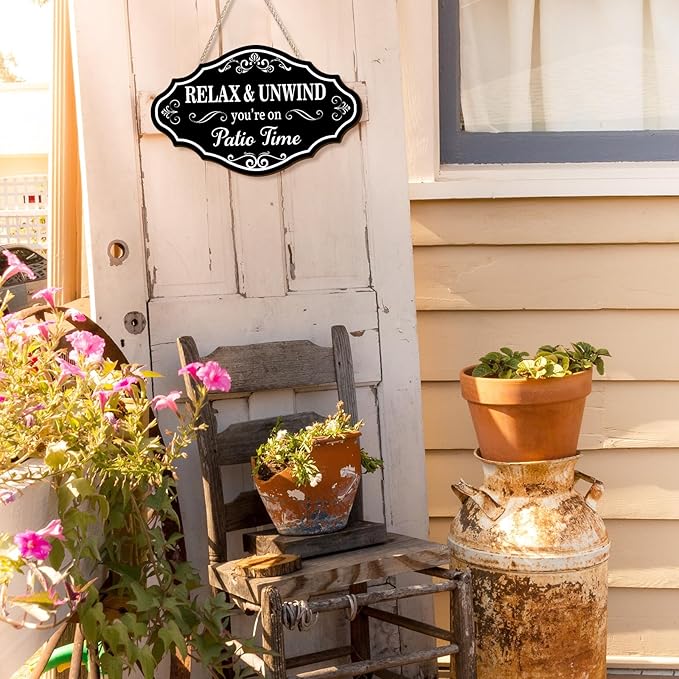 Pigort Patio Wall Decor Hanging Wall Art Wooden Plaque Signs Vintage Balcony Decor Retro Patio Accessories Relax Unwind You're on Patio Time with Chain for Home Pub 11.4""x7"", Black