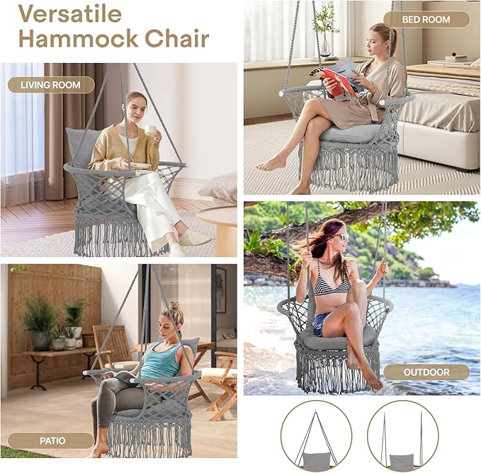 Athena Collection Hammock Swing Chair with Cushion, Outdoor Macrame Chair with Mounting Hardware, Max 350 Lbs, Large Cotton Rope Hanging Chair for Outdoor Indoor Porch Garden, Gray