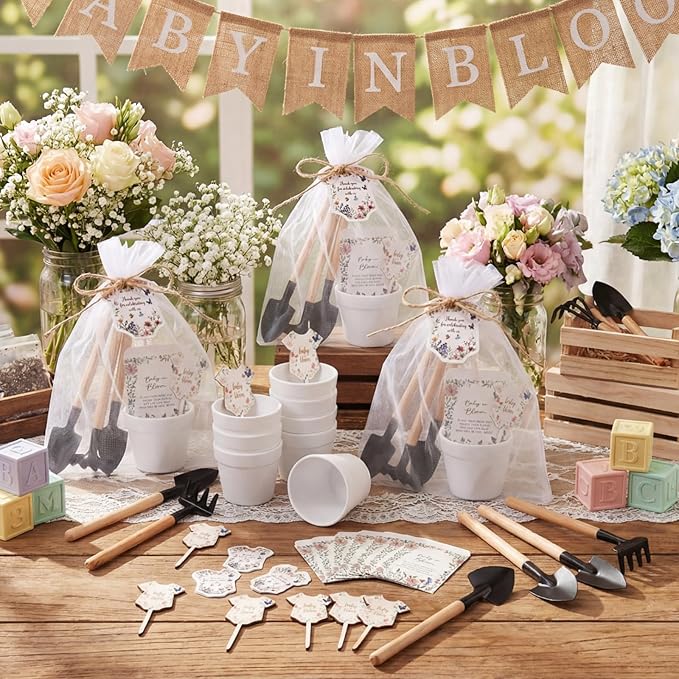 Amyhill 48 Sets Baby in Bloom Baby Shower Favors - Mini Succulent Pots, Seed Packets, Gardening Tools, Organza Bags for Guests Gender Reveal Birthday Party Gifts(White)
